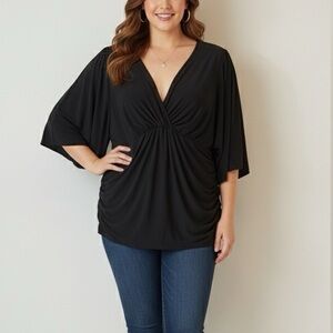 Plunging Ruched Kimono Sleeve Plus Top